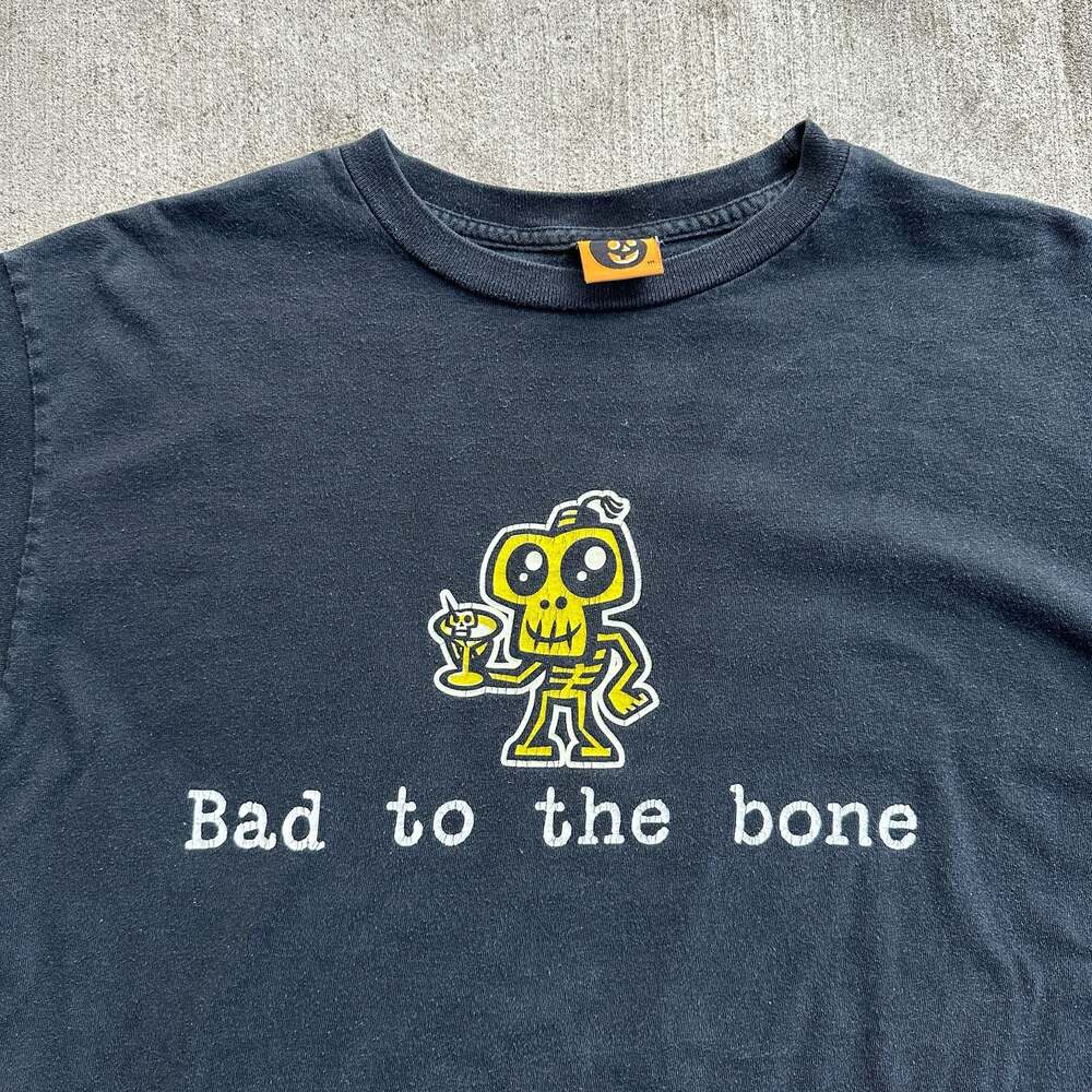 Vintage Y2K 'Bad to the Bone' Graphic Skeleton Martini T-Shirt